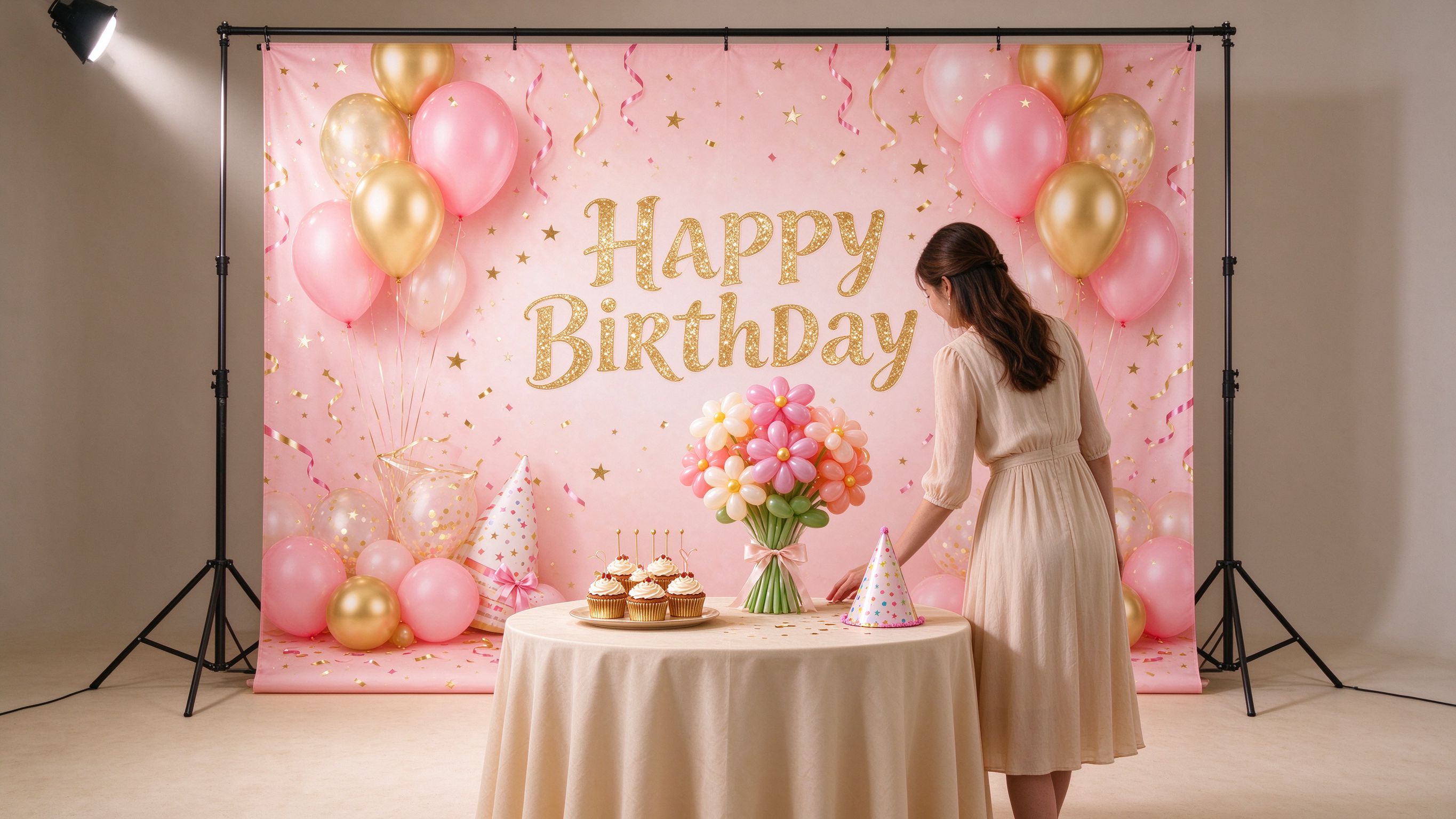 Birthday photography backdrop in a studio setup