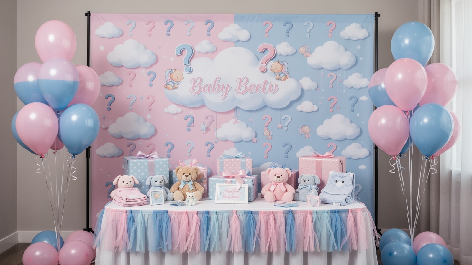 Baby Shower性别揭晓粉蓝背景布定制实拍