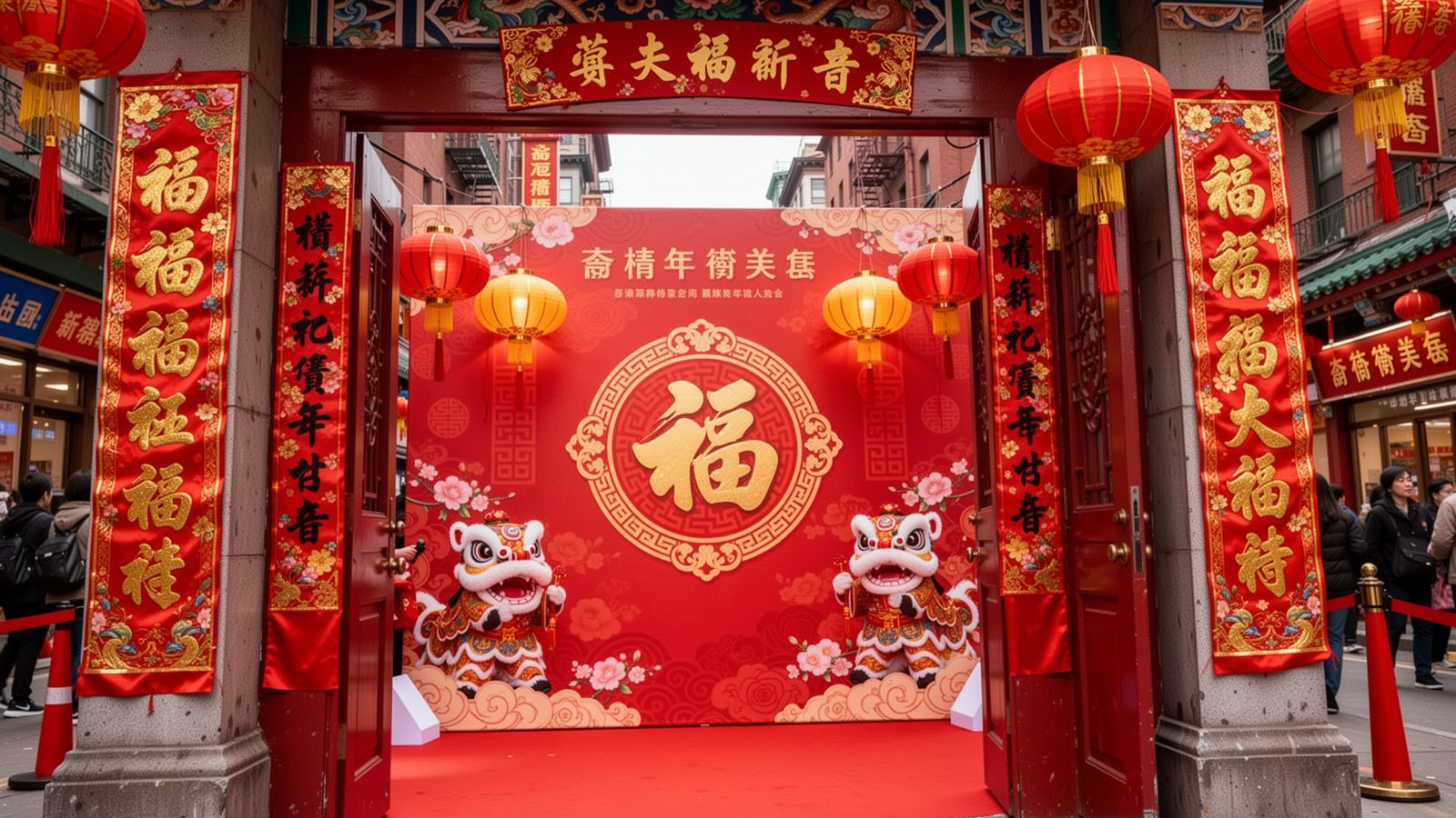 春节对联门盖旗红金背景布定制实拍