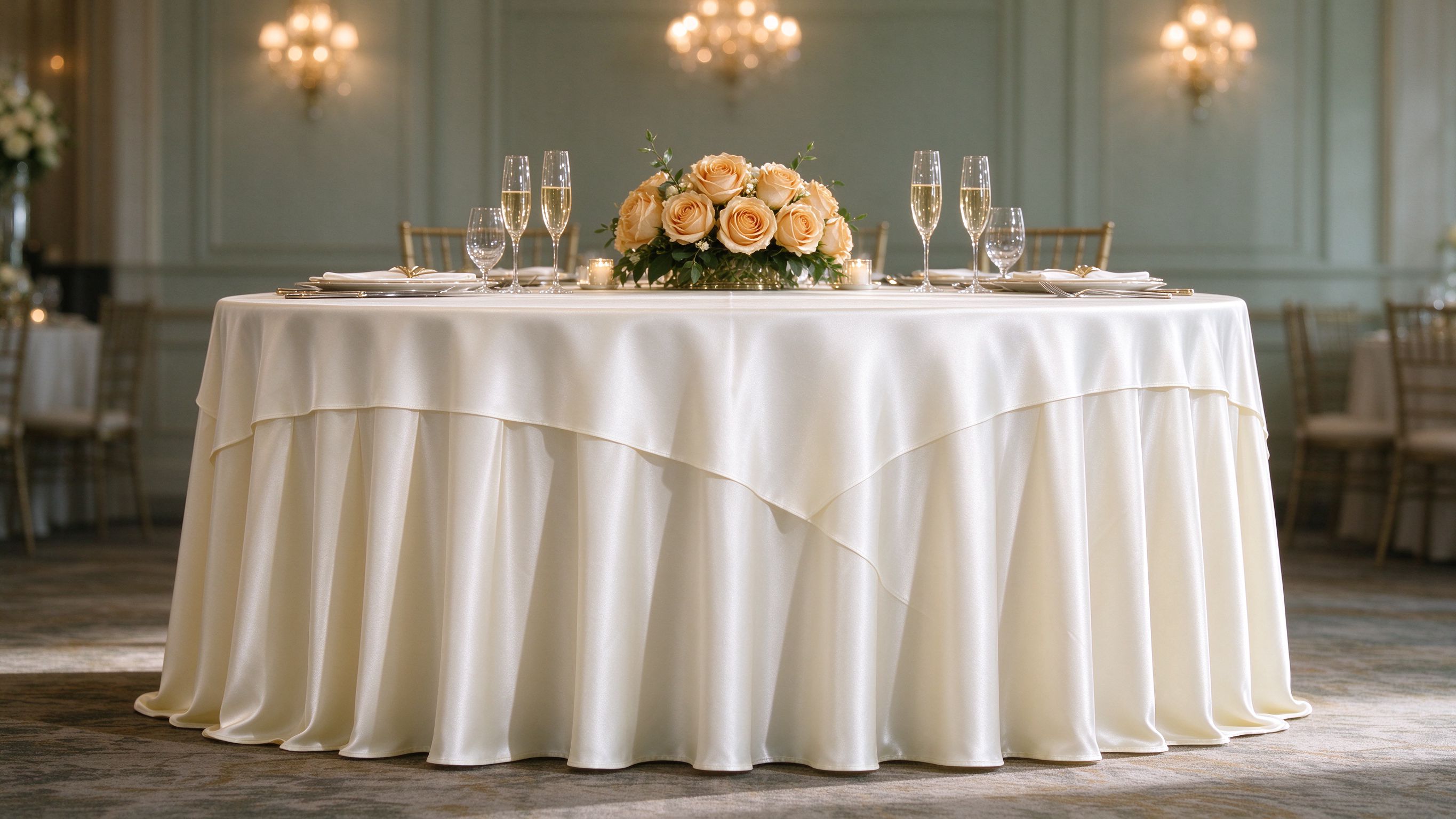 Banquet table with stretch tablecloth and pleated skirt